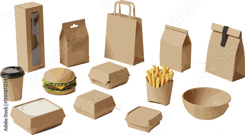 Eco Friendly Food Packaging Set with Kraft Paper Boxes, Bags, Coffee Cup, Burger, and Fries for Takeaway, Delivery, and Sustainable Branding Design