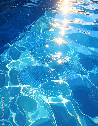Sunlit, rippling water. The vibrant blue depths reflect sunlight, creating a dynamic play of light and shadow, with gentle concentric circles visible
