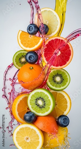 Fresh Fruits with Vibrant Juice Splashes and Droplets on White Background