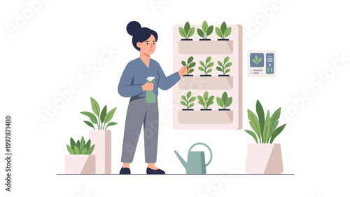 Woman tending to indoor vertical garden in minimalist home illustration