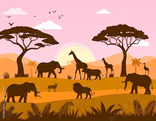 Silhouette scene features iconic African wildlife amid a sunset backdrop with trees, clouds, and rolling hills. Animals roam freely