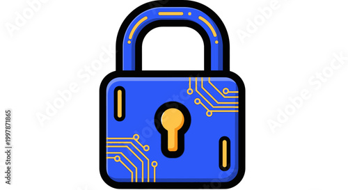 Digital security padlock icon with circuit.