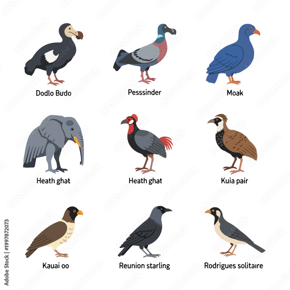 Fototapeta premium Vector collection of nine extinct bird species illustrations including the dodo, passenger pigeon, moa, elephant bird, huia, Kauai oo, reunion starling, and Rodrigues solitaire.