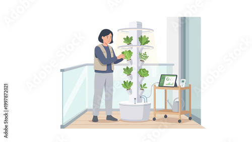 Woman tending vertical hydroponic garden on balcony with smart technology tablet