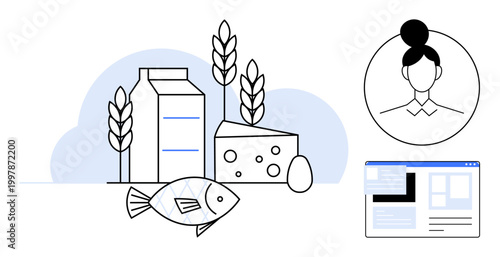 Nutritional education, online information, health, balanced diet, food industry, dietary planning. Milk, cheese fish grains user profile webpage layout. Nutritional education and online