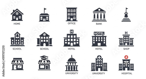 Collection of diverse building icons representing various institutions and businesses.