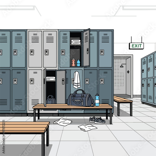 Cuadro en lienzo A cluttered school locker room with open lockers and benches