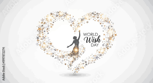 A vector illustration for World Wish Day showcases a silhouette of a person reaching toward a sparkling, heart-shaped formation of stars, set against a bright white background to promote