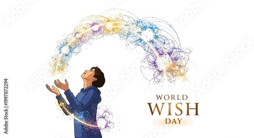 A hopeful child, with open hands and a magical wish concept, gazes up at a colorful arc of glowing stars and dreamlike illustrations in a conceptual design celebrating World Wish Day