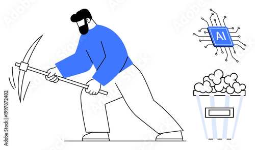 Data mining, technology advancement, artificial intelligence, casual entertainment, work-life balance, innovation. Man striking with pickaxe, AI chip popcorn bucket. Data mining and technology