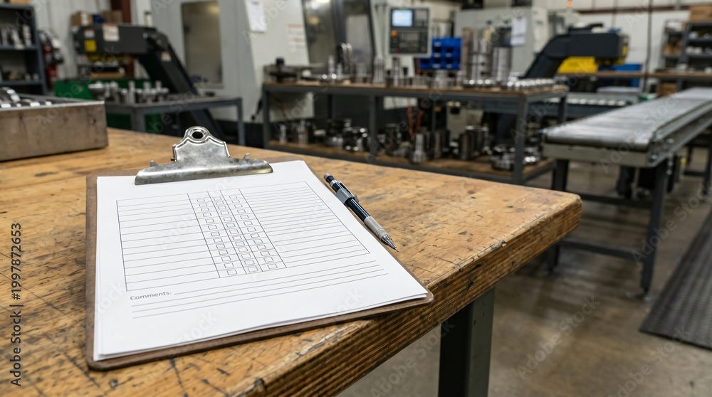 Fototapeta premium Clipboard checklist and pen on a wooden workbench within a manufacturing facility