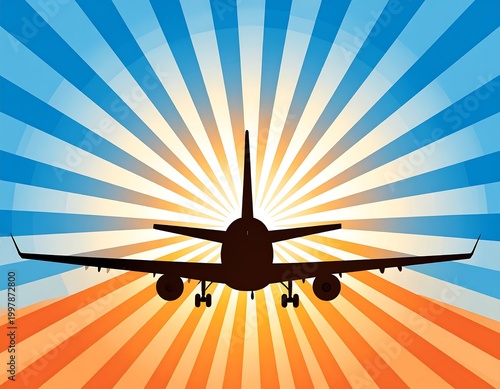 Silhouetted airliner against radial sunburst in azure and amber tones, suggesting travel and freedom. Perspective from the rear