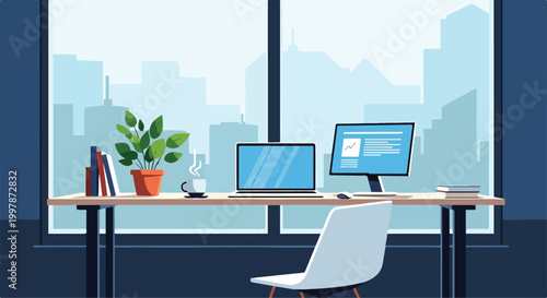 Fotografie A modern office setup with a desk, computers, and a city view
