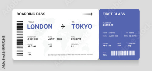 Realistic airline ticket design with passenger name. Plane ticket vector template or airline boarding pass ticket isolated