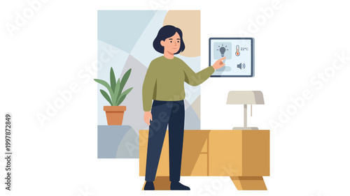 Woman using smart home control panel to adjust lighting and temperature