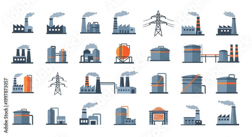 Collection of Industrial Factory Buildings and Power Lines.