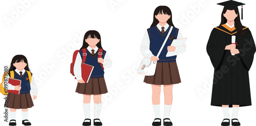 Vector Set Illustrating the Stages of a Girl's Education Journey from Elementary School Student to University Graduate in Academic Cap and Gown