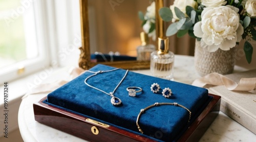 A neatly arranged jewelry box with a blue velvet lid, containing a necklace, earrings, and a bracelet, placed on a white table with a vase of white flowers and a mirror in the background.