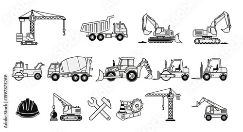 Collection of Construction Equipment and Tools Hand Drawn Style.