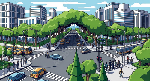 Vibrant Cityscape with Lush Greenery and Busy Traffic.