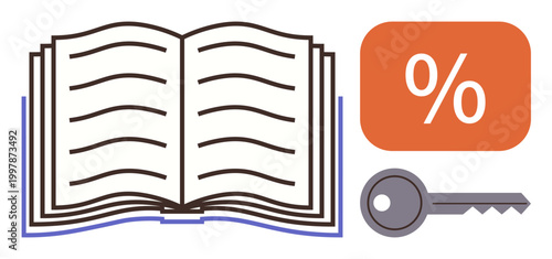 Education, financial planning, knowledge access, literacy, savings, conceptual understanding. Open book, percentage symbol and key together. Education and financial planning symbol concept
