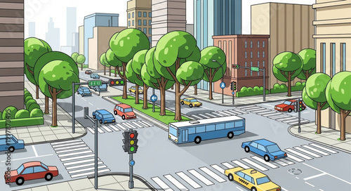 Busy City Street Intersection with Cars and Bus.