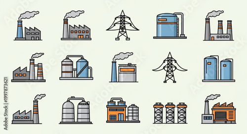 Collection of industrial factory and power line icons.
