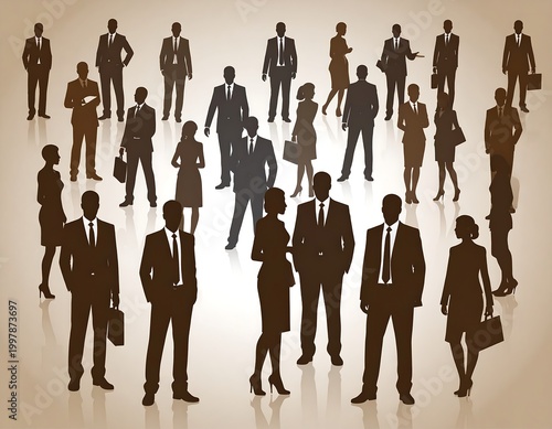 Silhouetted business professionals. Group of diverse people in business attire. They are standing and walking, with a gradient background