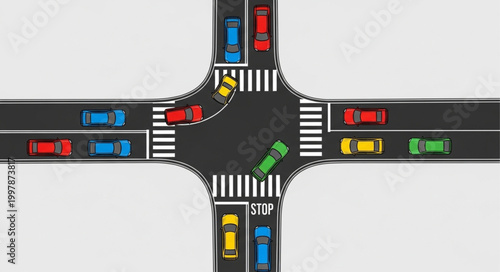 Busy Intersection With Cars Waiting At Traffic Lights.
