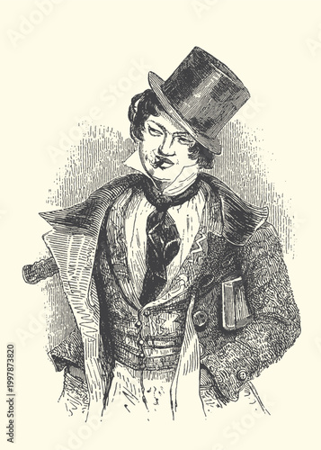 Man in top hat and suit with tie clothing gentleman portrait illustration neckwear headwear collared creation monochrome contrast