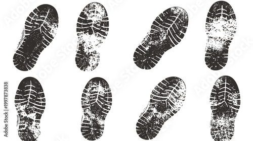 Collection of eight distinct boot footprints on a white background.