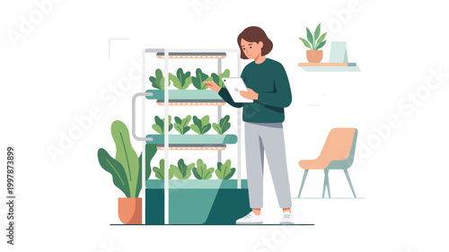 Woman using tablet to monitor indoor vertical hydroponic garden system