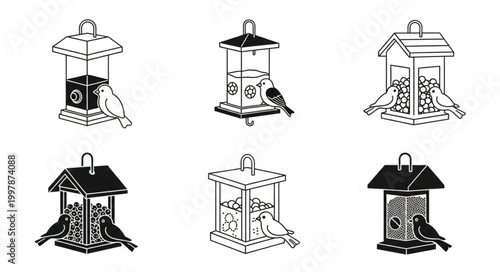 Collection of six different bird feeders with birds eating seeds.