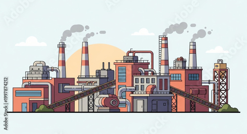 Industrial factory complex with smokestacks emitting smoke.
