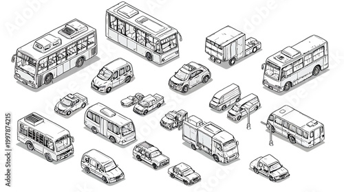 Collection of Isometric HandDrawn Vehicles in Black and White.