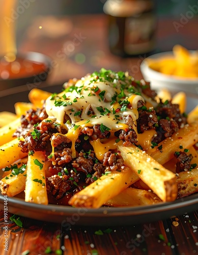 A plate of loaded fries with cheese and herbs