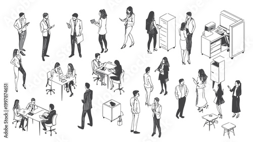 Diverse group of people in a modern office setting engaged in various business activities.