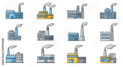 Collection of Industrial Factory Buildings with Smoke Stacks.