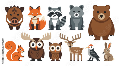 A collection of funny cartoon animal vector illustrations featuring a wild safari lion, giraffe, and tiger alongside cute farm sheep, cow, and pig character heads for a baby zoo icon set
