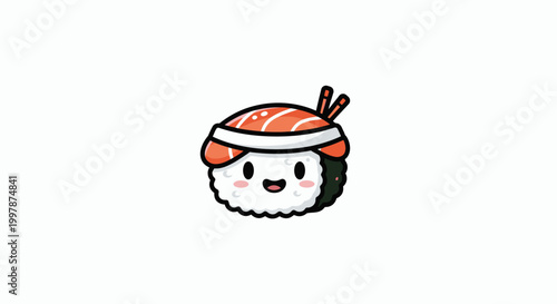 Adorable cartoon sushi with salmon and chopsticks, a cute and whimsical food illustration