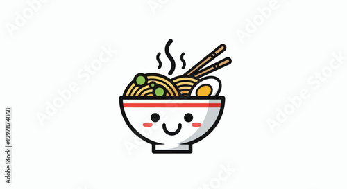 Cute smiling bowl of ramen with chopsticks and a hard-boiled egg, delicious noodle soup dish