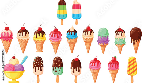 Cute colorful ice cream cones and popsicles vector set with sweet dessert collection