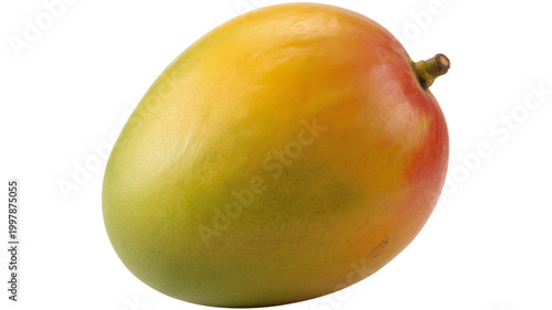 Fresh whole ripe mango fruit isolated on white background, a juicy organic tropical food with vibrant red and yellow skin perfect for a healthy sweet vegetarian diet