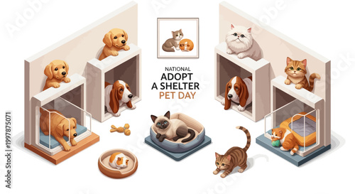 A colorful vector illustration promotes Adopt a Shelter Pet Day with various dogs and cats peering from their kennels, alongside food bowls and toys, all set against a clean white