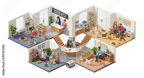 Isometric illustration shows a pet adoption event at an animal shelter, depicted through various scenes of people interacting with dogs and cats, rendered in a bright, cheerful style