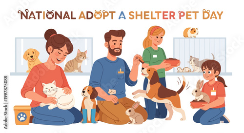 A colorful vector illustration depicts volunteers caring for rescue animals during an adoption event, showcasing cats, dogs, rabbits, and guinea pigs in a bright setting to promote animal