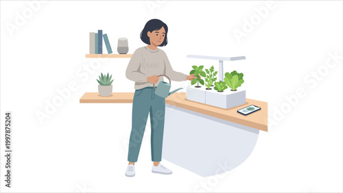 Woman watering plants in a smart indoor garden at home