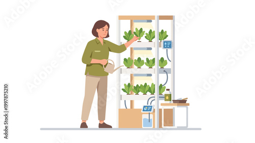 Woman watering plants in a modern vertical indoor hydroponic garden system