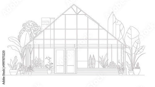Modern Greenhouse Structure with Lush Greenery and Plants.