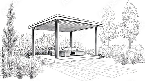 Modern Pergola Structure with Seating Area Sketch.